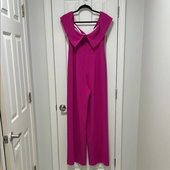MARINA Fuchsia Draped off the shoulder Wide-Leg Jumpsuit - Picture 3 of 6
